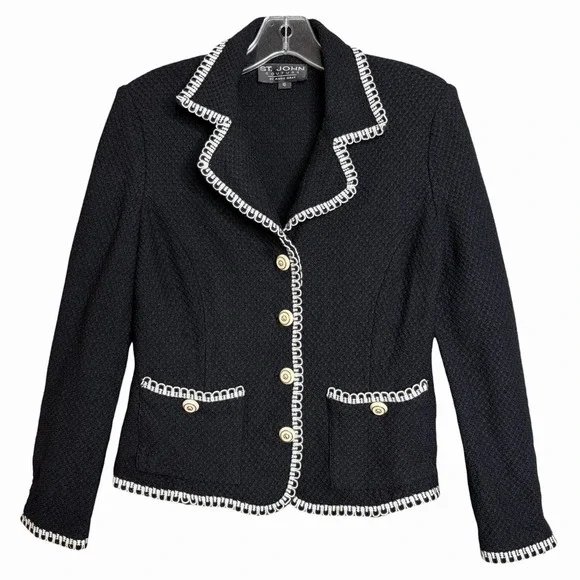 Vintage St John Couture Santana Knit Jacket M Black Ivory Trim Button Blazer - Picture 3 of 12